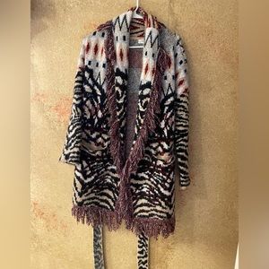 Anthropologie animal print Paloma fringe belted cardigan XS EUC
